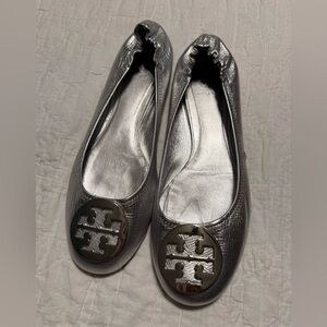 Tory Burch Metallic Silver Reva Logo Ballet Flats